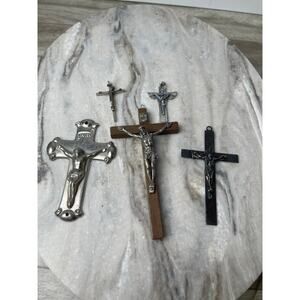 Lot 5 Vintage Catholic Crucifixes Italy Wood Silver Tone Pope John Paul II 2004